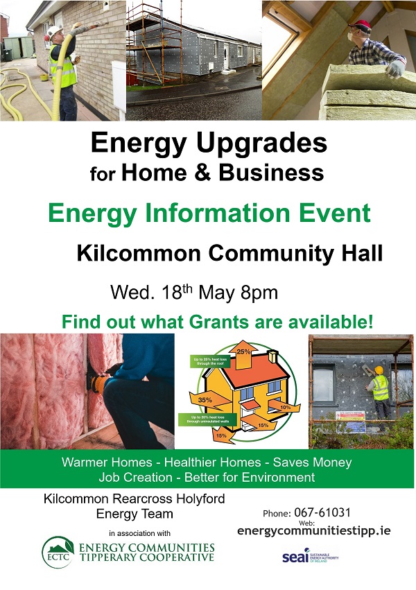 Our member community, Kilcommon Rearcross Holyford, will be hosting a public Energy Information Event in Kilcommon Community Hall on Wednesday 18th May at 8pm. Householders will learn about how to save money on energy costs and home heating, details of grants available for energy upgrades, insulation, retrofitting and lots more.  This event is being organised in association with Energy Communities Tipperary Cooperative CLG 